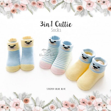 3 in 1 Cuttie Socks - Striped bear blue
