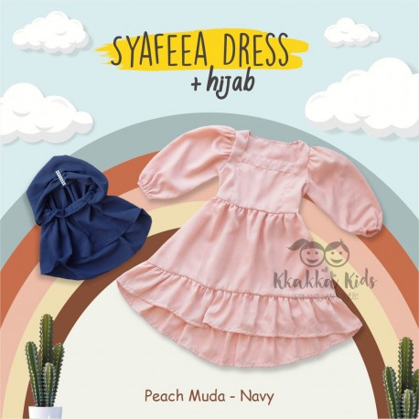 Syafeea Dress & Hijab - ( Peach Muda - Navy )