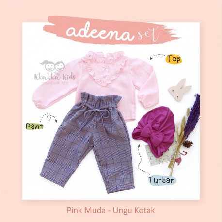 Adeena Set ( Top + Pant  + Turban)  Pink Muda - Ungu Kotak