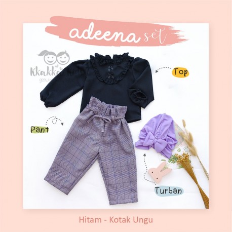 Adeena Set ( Top + Pant + Turban) Hitam - Kotak Ungu