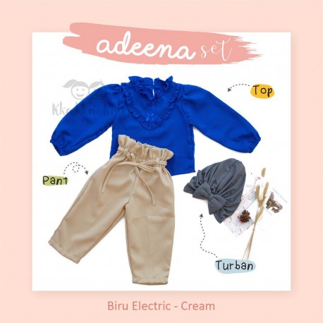 Adeena Set ( Top + Pant + Turban) Biru Electric - Cream