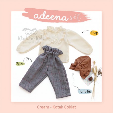Adeena Set ( Top + Pant + Turban) Cream - Kotak Coklat