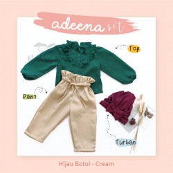 Adeena Set ( Top + Pant + Turban) Hijau Botol - Cream