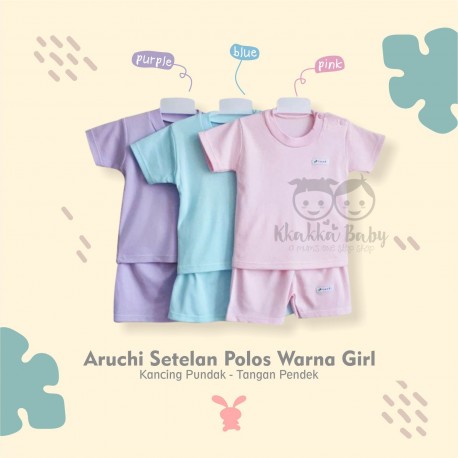 Aruchi - ECER 1 PCS - Setelan Polos Warna Girls - Kancing Pundak - Tangan Pendek [1 Set]